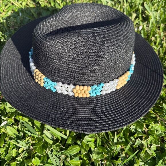 Black Hat BRAND NEW Hand Beaded Trim Band - Blue and Tan Beads
